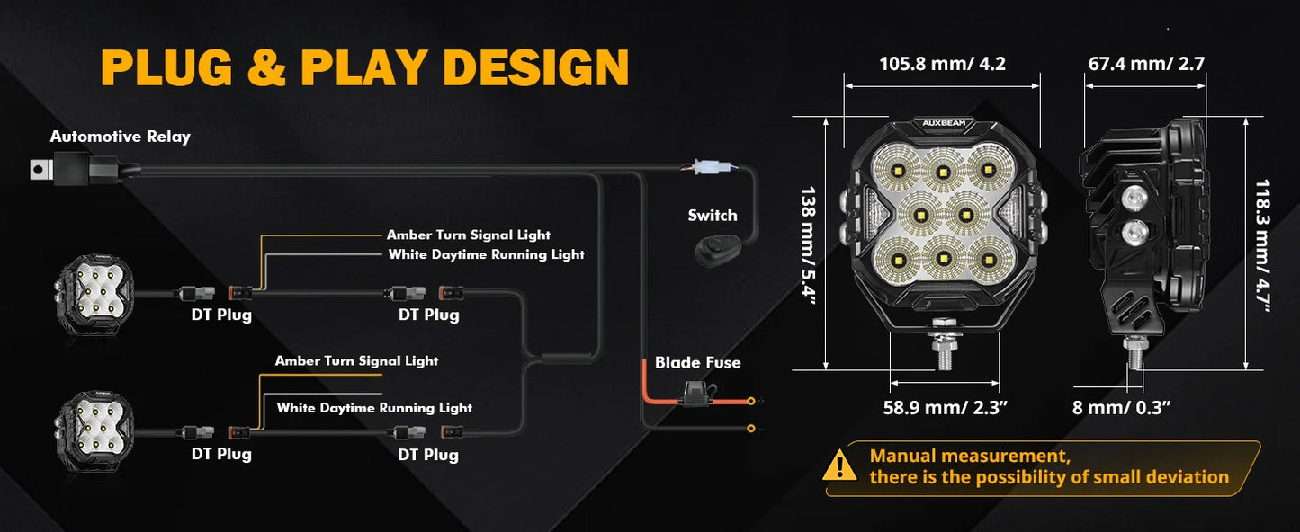 Auxbeam CUBE-Z Series 4 Inch Flood LED Pod Lights Off Road Lights with White DRL & Amber Turn Signal Lights