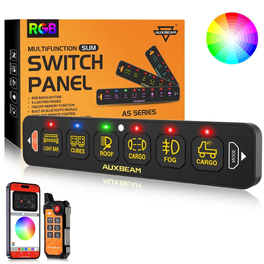 Auxbeam AS Series 6 Gang RGB Slim Switch Panel with APP&Remote Control, Toggle/ Momentary/ Pulsed Mode Supported(One-Sided Outlet)