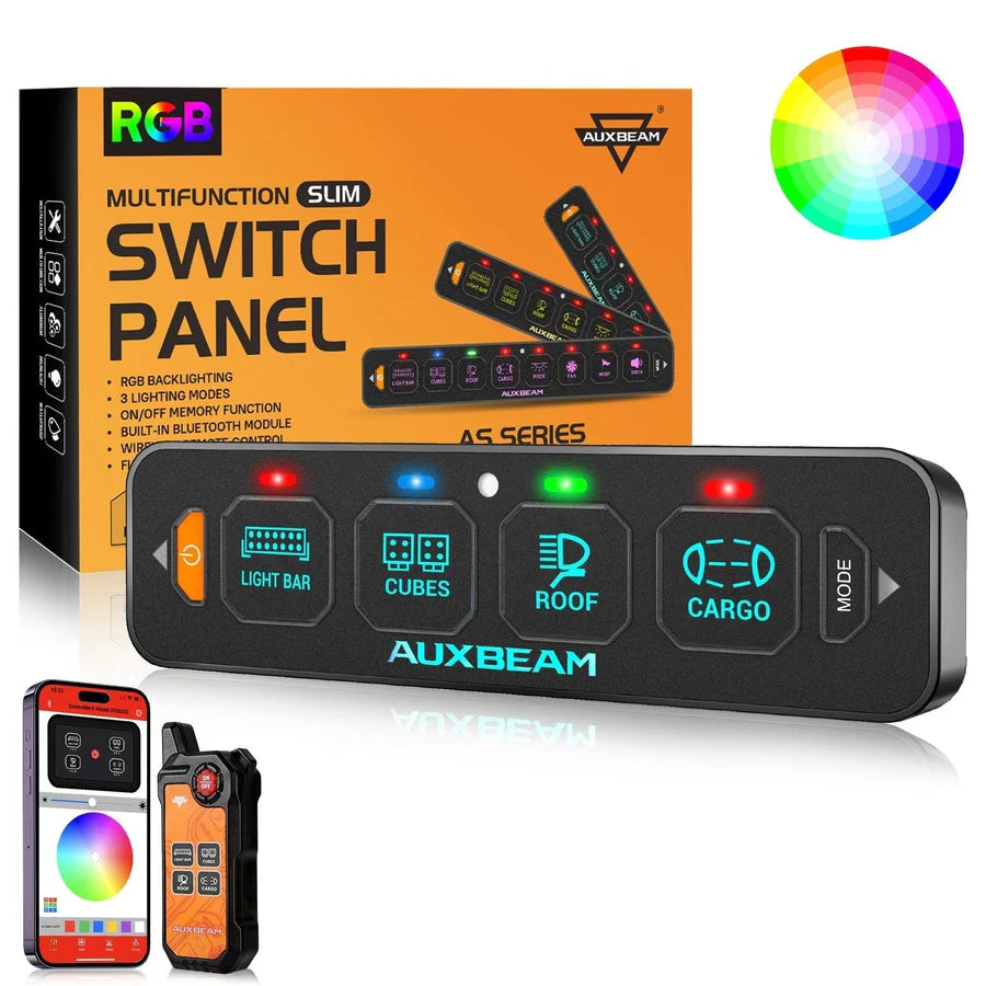 Auxbeam AS Series 4 Gang RGB Slim Switch Panel with APP&Remote Control, Toggle/ Momentary/ Pulsed Mode Supported(One-Sided Outlet)