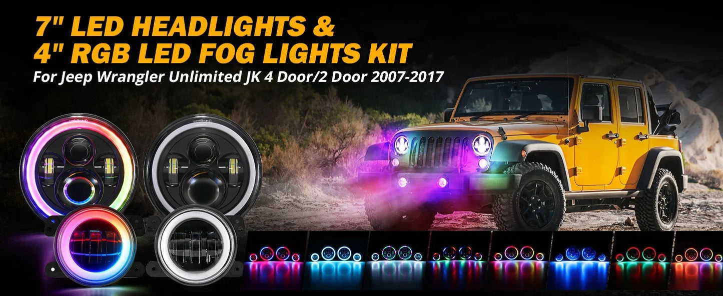 Upgraded RGB 7 Inch Headlights + 4 Inch Fog Lights Combo for Jeep Wrangler JK with APP Control