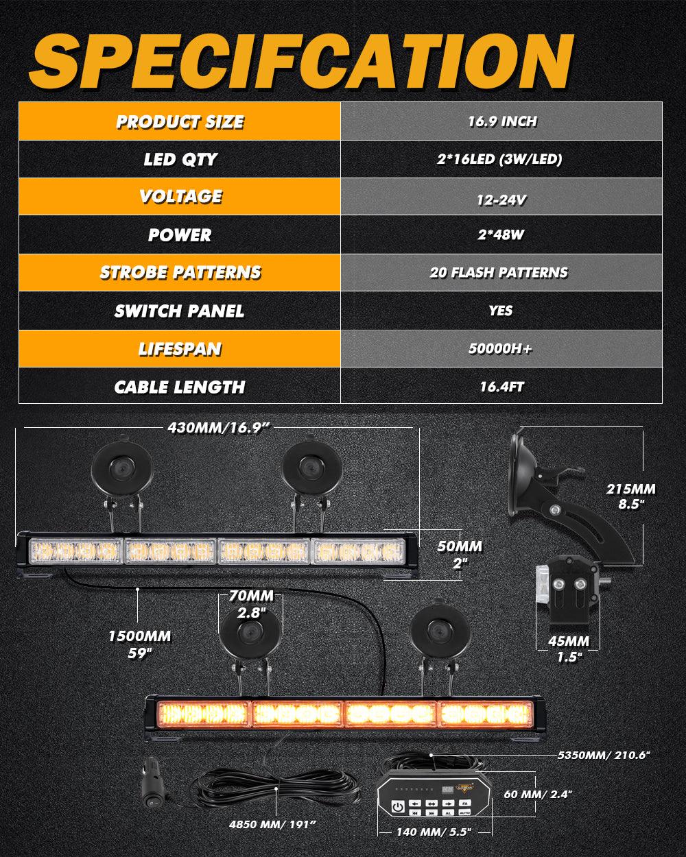 17" Dual LED Directional Emergency Traffic Advisor Light Bars 20 Flashing Patterns with Suction Cup Mount for Vehicles Trucks SUV ATV Car
