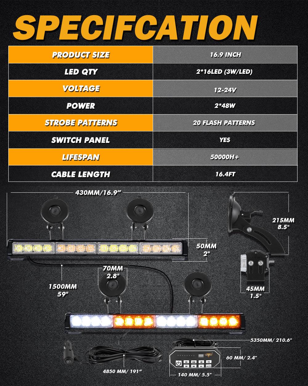 17" Dual LED Directional Emergency Traffic Advisor Light Bars 20 Flashing Patterns with Suction Cup Mount for Vehicles Trucks SUV ATV Car