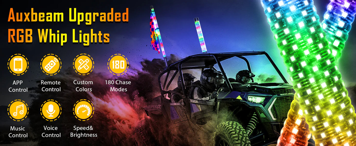 New 2.8FT LED RGB Whip Lights with Turn Signal & Brake Light, Bluetooth APP/ Remote Control