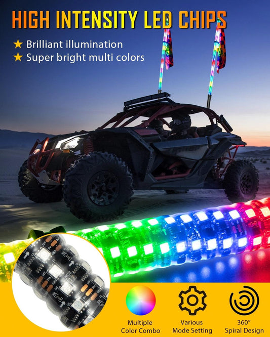 NEW!! 3.8FT LED RGB WHIP LIGHTS WITH TURN SIGNAL & BRAKE LIGHT, BLUETOOTH APP/ REMOTE CONTROL
