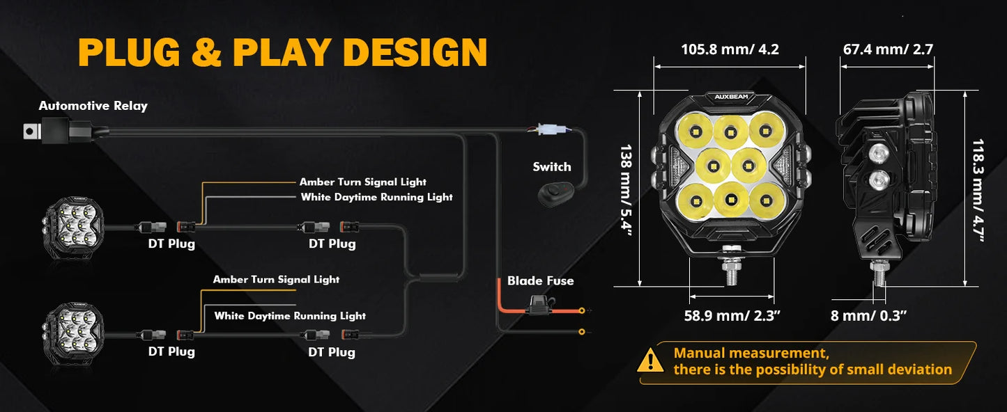 Auxbeam CUBE-Z Series 4 Inch Spot LED Pod Lights Off Road Lights with White DRL & Amber Turn Signal Lights
