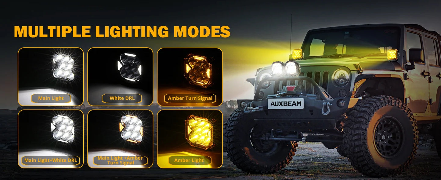 Auxbeam CUBE-Z Series 4 Inch Spot LED Pod Lights Off Road Lights with White DRL & Amber Turn Signal Lights