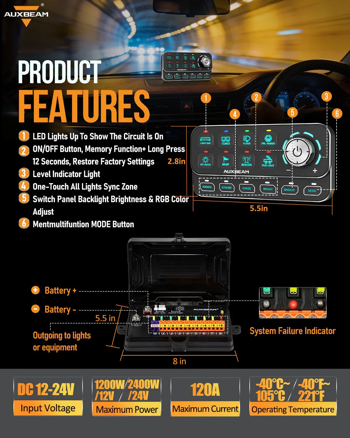 KS-80 Knob RGB Switch Panel MAX 120A ,Light Dimming, Dynamic Chase, Four External Triggers, 4 Modes