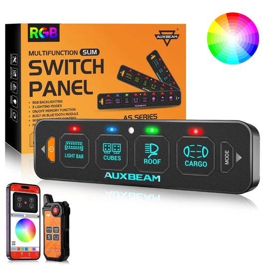 Auxbeam AS Series 4 Gang RGB Slim Switch Panel with APP&Remote Control, Toggle/ Momentary/ Pulsed Mode Supported(One-Sided Outlet)