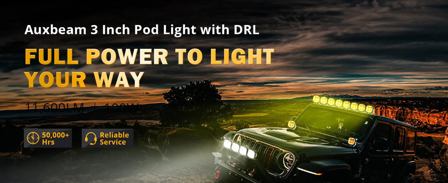 Auxbeam Color Play Series 3 Inch 100W Spot LED Pod Lights Off Road Lights with White DRL & Amber Turn Signal Lights