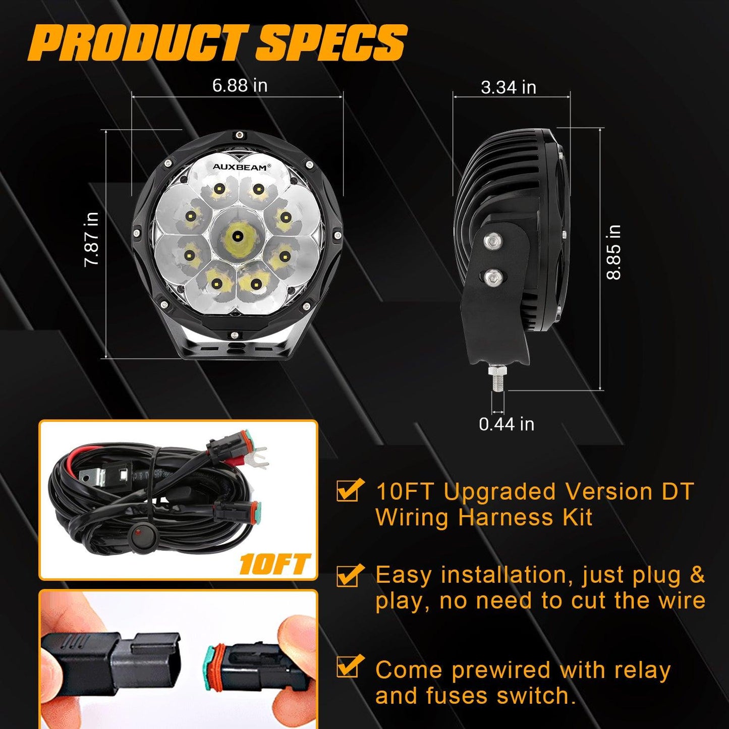 (2pcs/set) 7 Inch 90W Round Spot Beam Offroad LED Driving Lights w/ SAE Compliant+Amber/Black Covers(Optional)