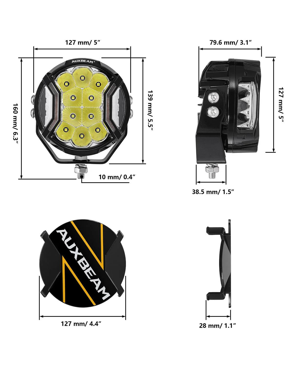 Auxbeam V-ULTRA Series | 5 Inch 172W LED Side Shooter White Pod Lights with Amber DRL