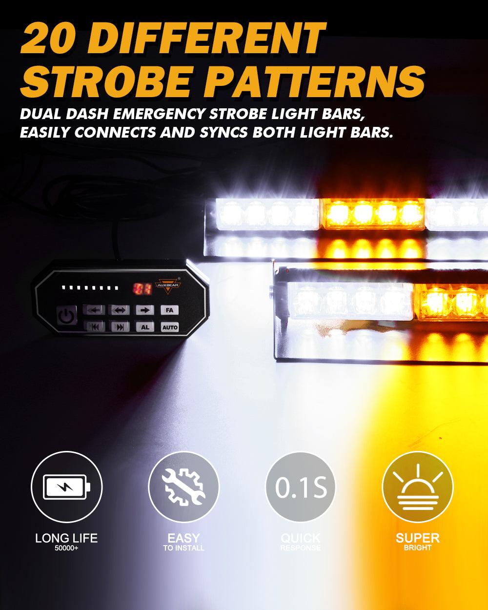 17" Dual Windshield Dash Strobe Light Bars 20 Flashing Patterns with Suction Cup Mount for Vehicles Trucks SUV ATV Car