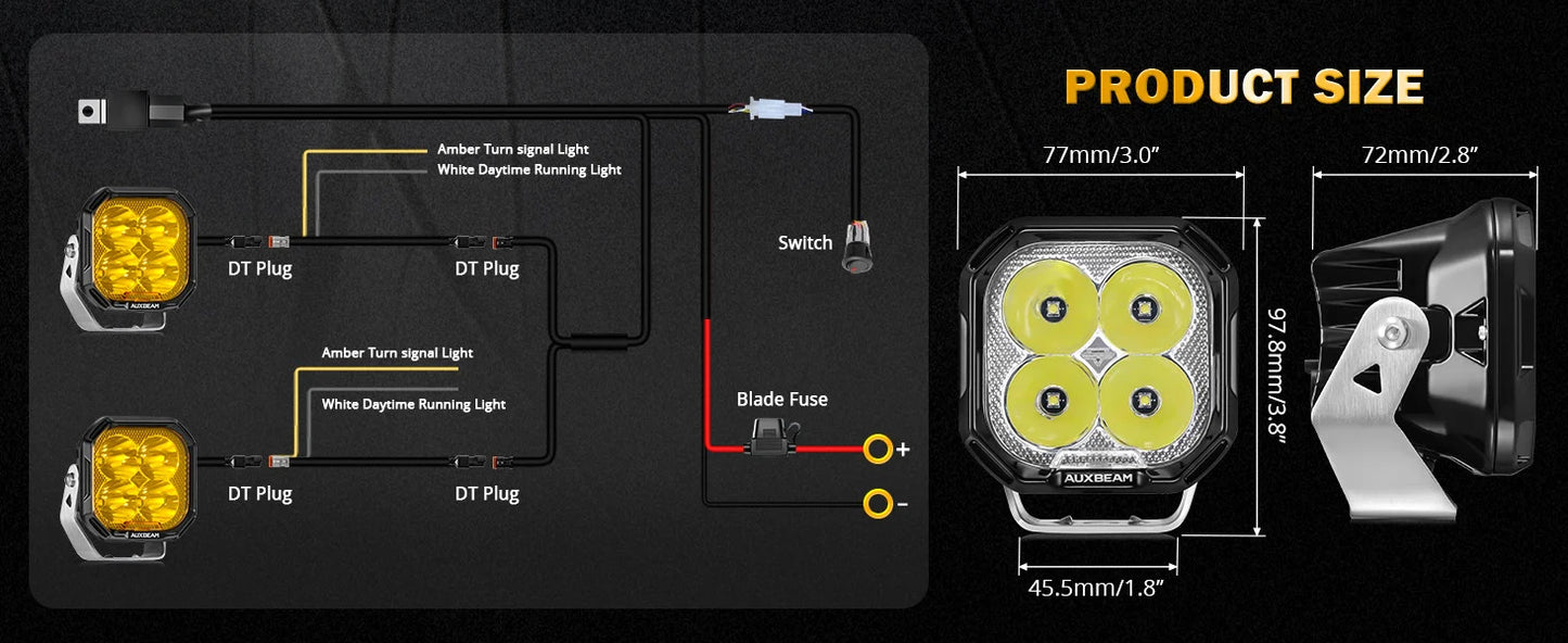 Auxbeam Color Play Series 3 Inch 100W Spot LED Pod Lights Off Road Lights with White DRL & Amber Turn Signal Lights