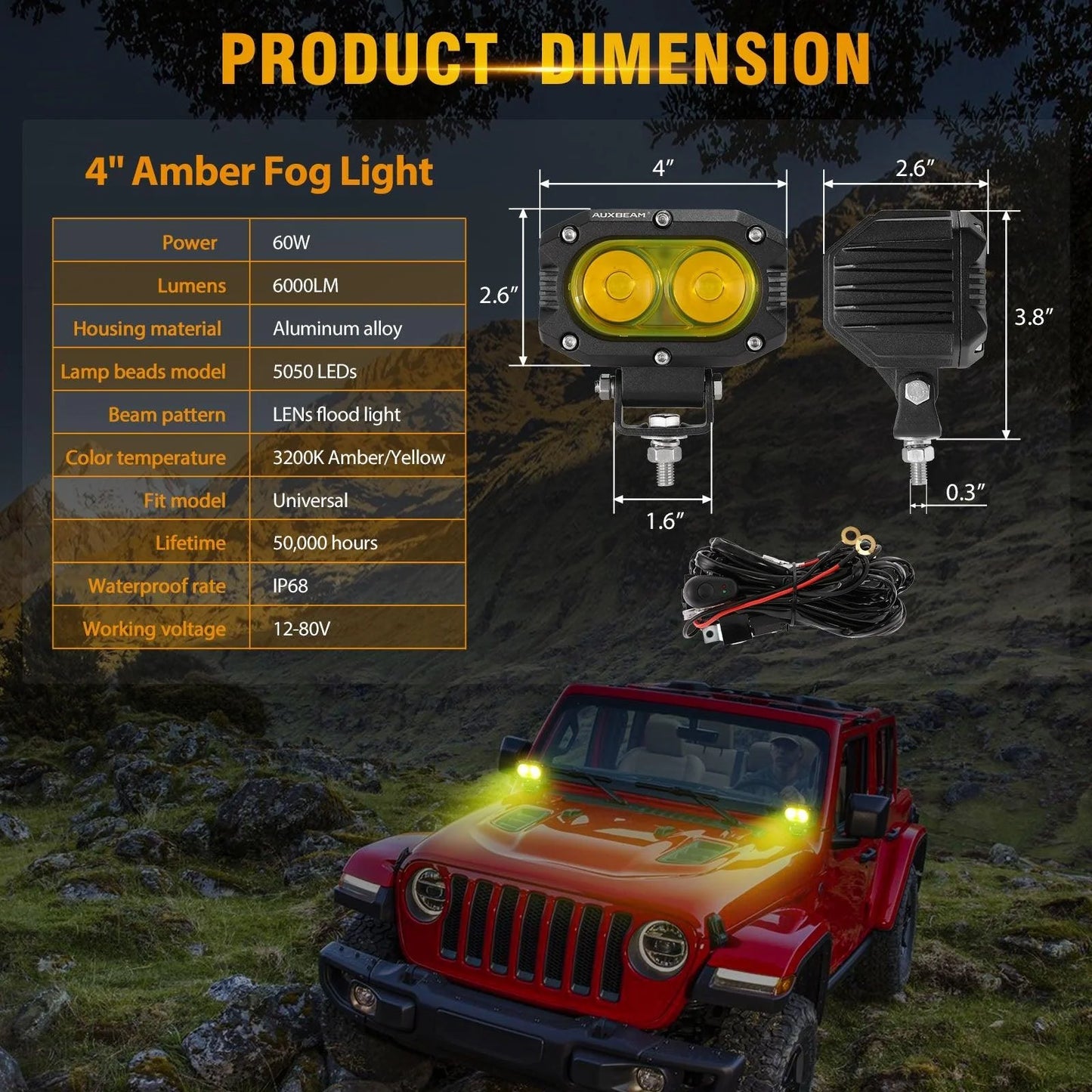 Auxbeam R4 Series | 4 Inch 60W LED Pods Light Flood Beam Amber Light