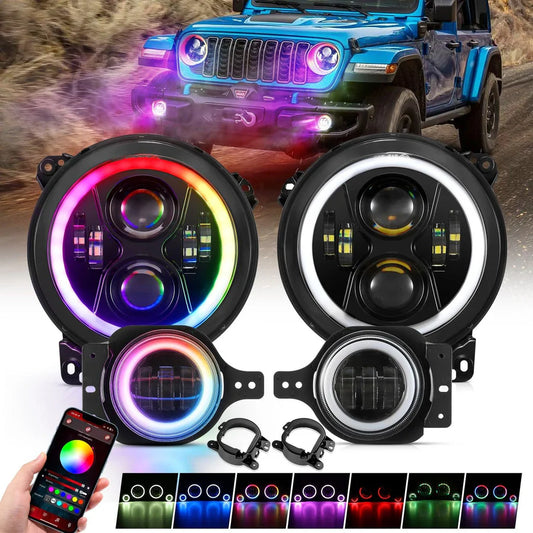 Upgraded RGB 9 Inch Headlights + 4 Inch Fog Lights Combo for Jeep Wrangler JL with APP Control