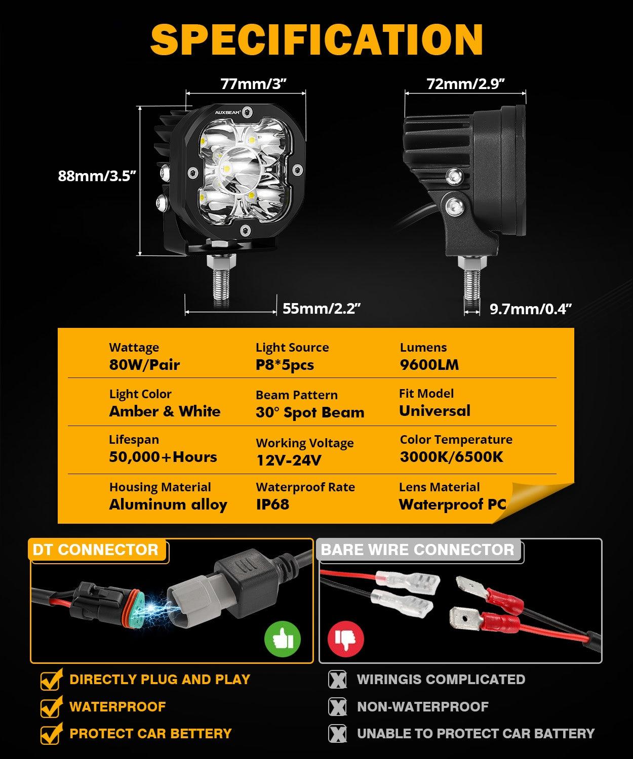 XP-ULTRA Series 3 Inch 80W Spot Beam LED Pods Amber&White Offroad Lights