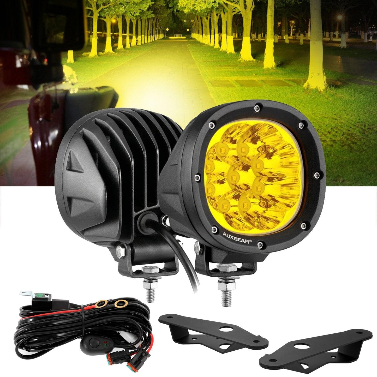 4 Inch 90W Round Yellow Spot LED Driving Lights with Dual A-Pillar Mounting Bracket For Ford Bronco 2/4 Door 2021 2022