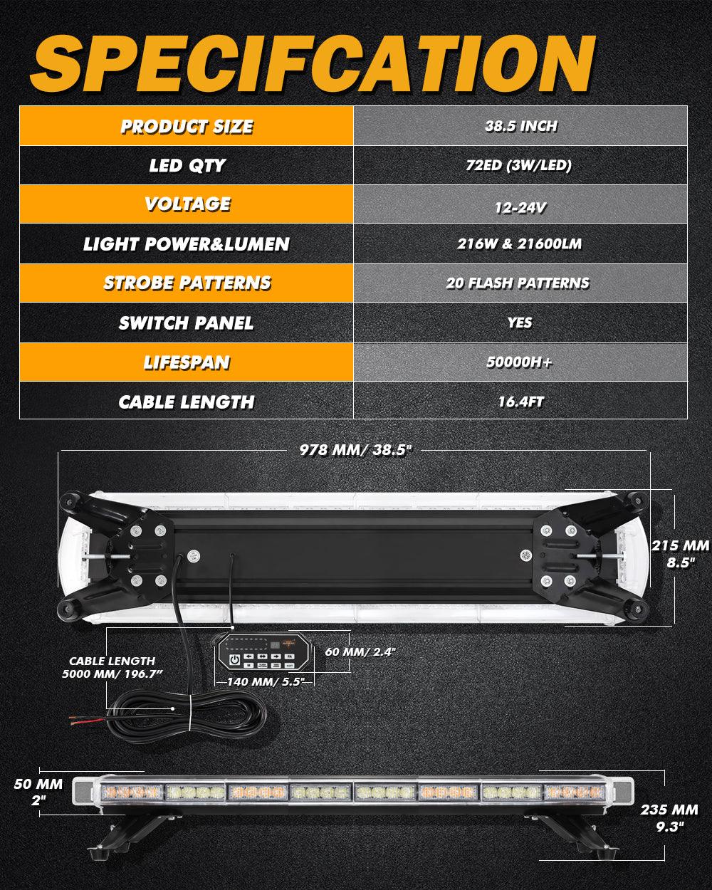38.5 Inch Rooftop Strobe Flashing Light Bar with Mounting Brackets 20 Flashing Modes Emergency Safety Warning Caution Beacon Lights