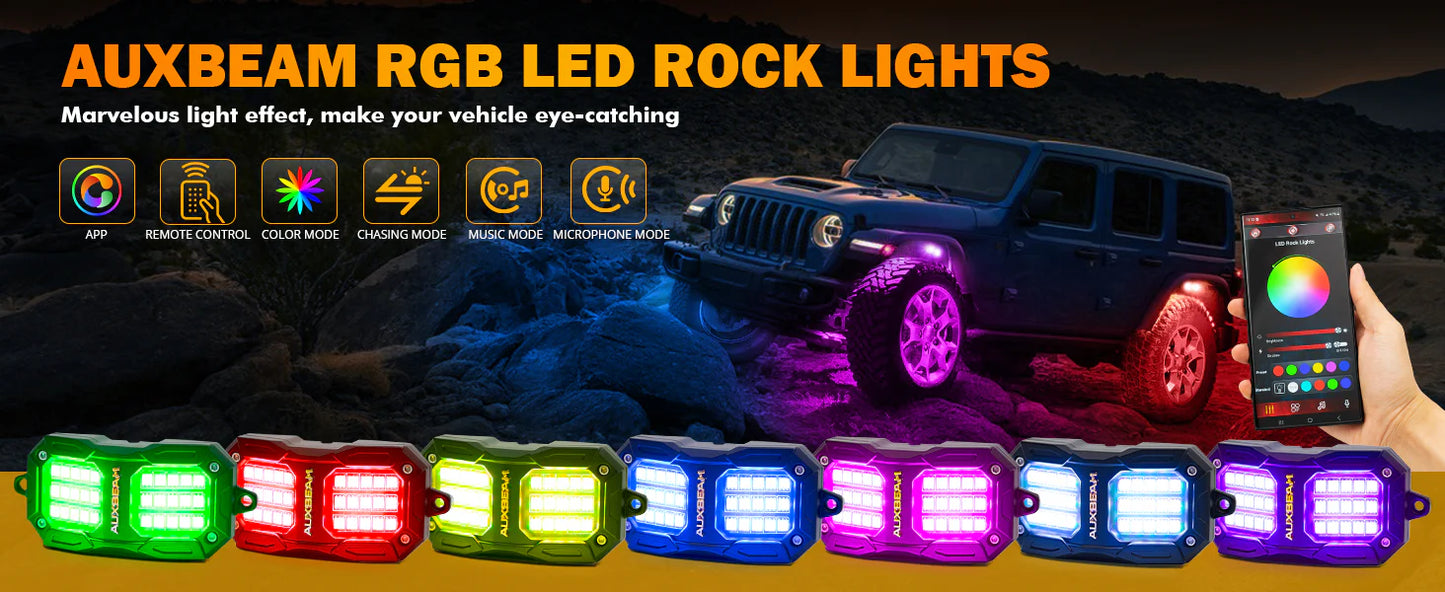 NEW Vibrant Series | Upgraded RGB LED Rock Lights Kit Multicolor Neon Under glow Lights with Bluetooth APP & Remote Control
