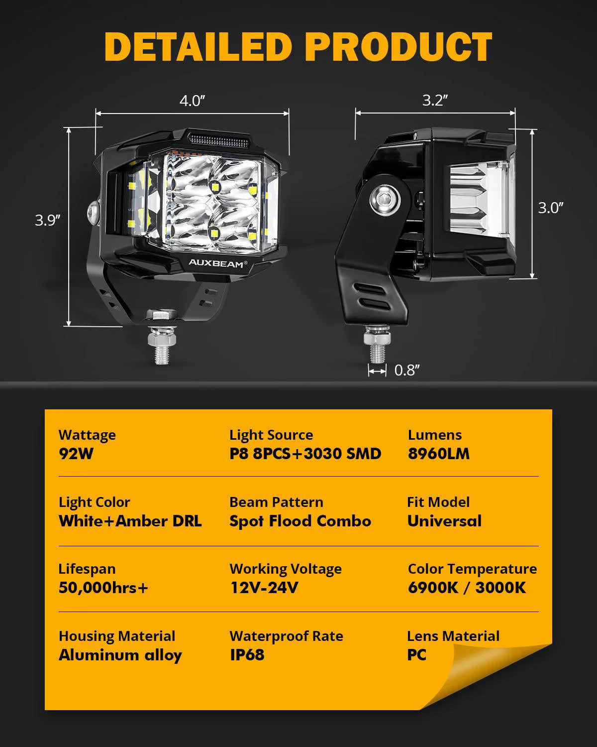 Auxbeam 4" Square V-MAX Series Combo Beam Side Shooter LED Pod Lights with Amber DRL