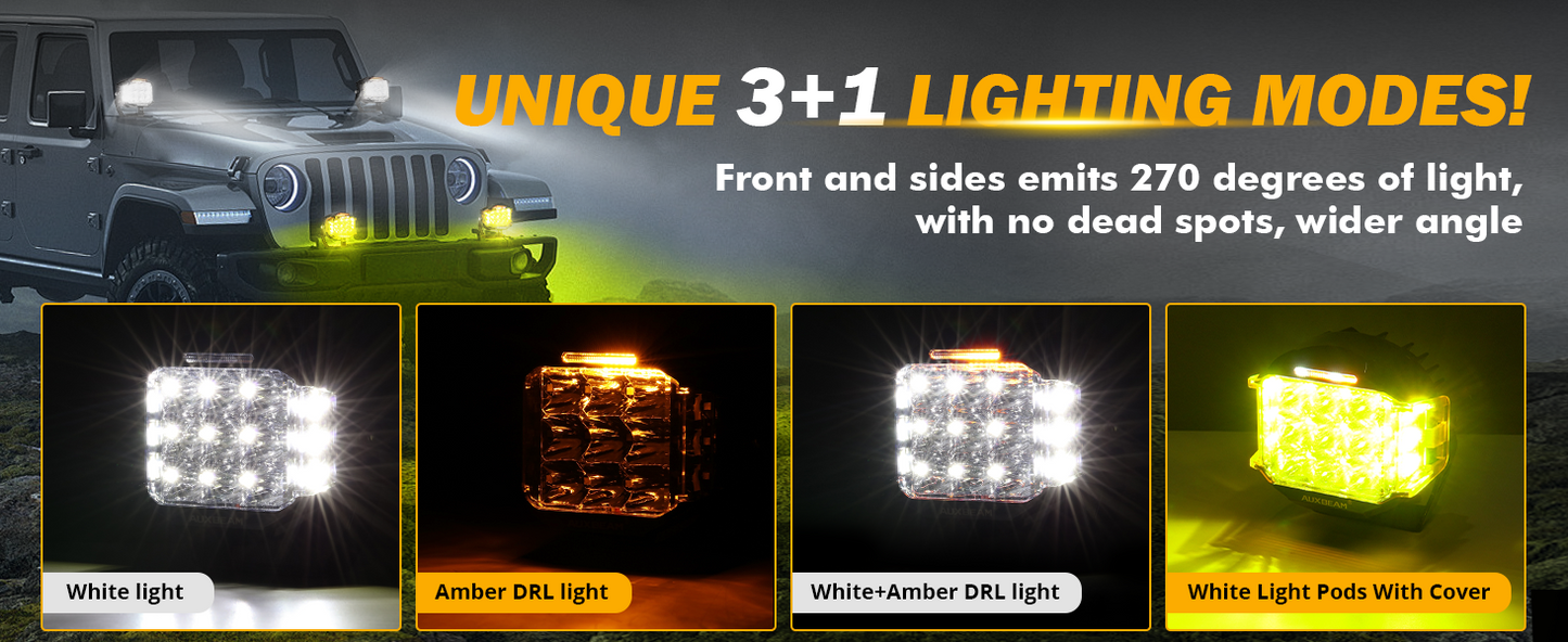 Auxbeam 4" Round V-MAX Series Combo Beam Side Shooter LED Pod Lights with Amber DRL