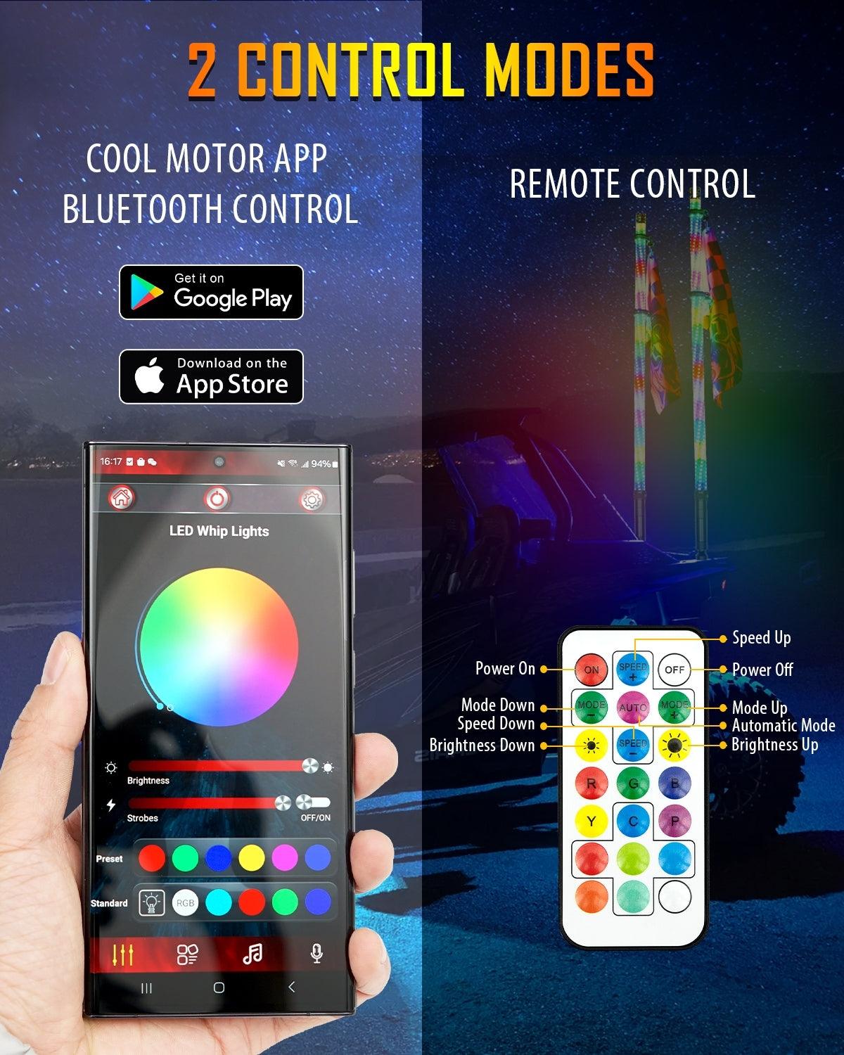 NEW!! 3.8FT LED RGB WHIP LIGHTS WITH TURN SIGNAL & BRAKE LIGHT, BLUETOOTH APP/ REMOTE CONTROL