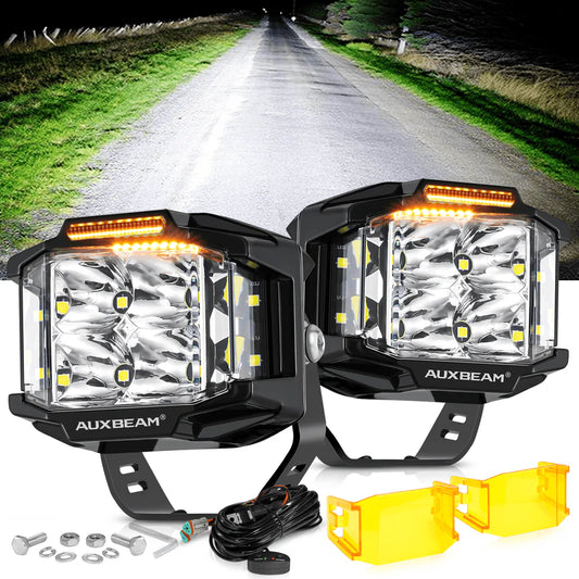 Auxbeam 4" Square V-MAX Series Combo Beam Side Shooter LED Pod Lights with Amber DRL