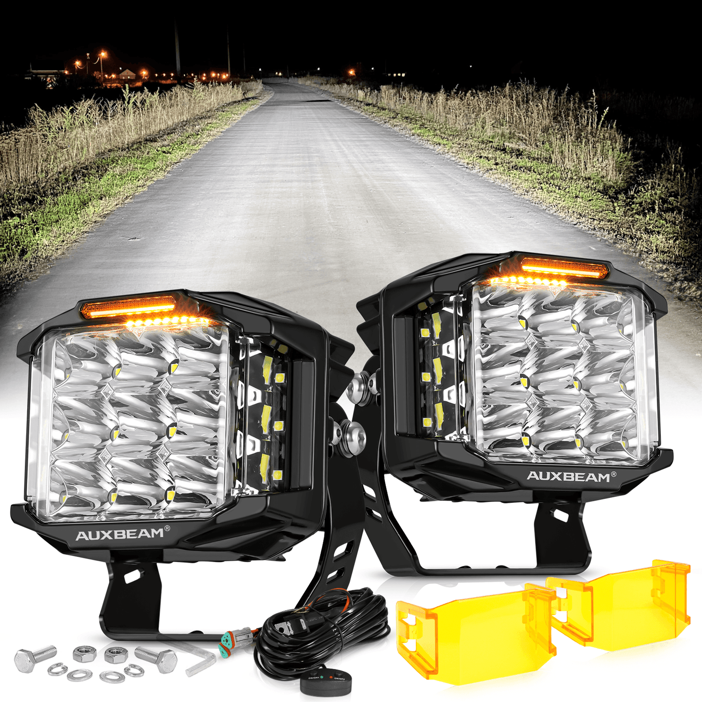 Auxbeam 4" Round V-MAX Series Combo Beam Side Shooter LED Pod Lights with Amber DRL