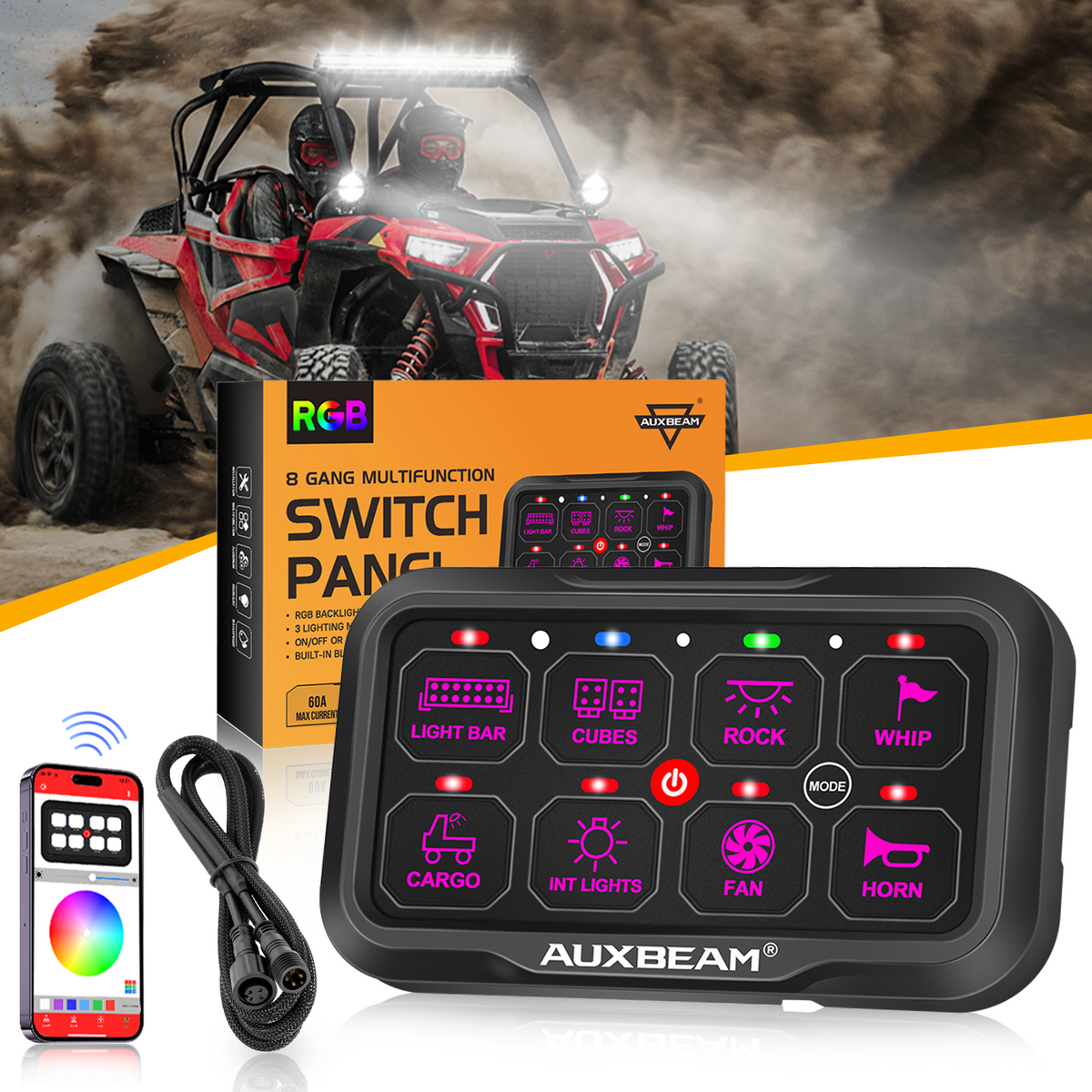 Auxbeam AR-800 RGB 8 Gang Switch panel for Polaris RZR utv atv 