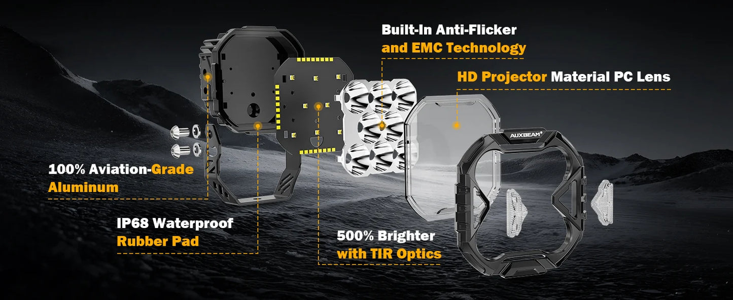 Auxbeam CUBE-Z Series 4 Inch Flood LED Pod Lights Off Road Lights with White DRL & Amber Turn Signal Lights