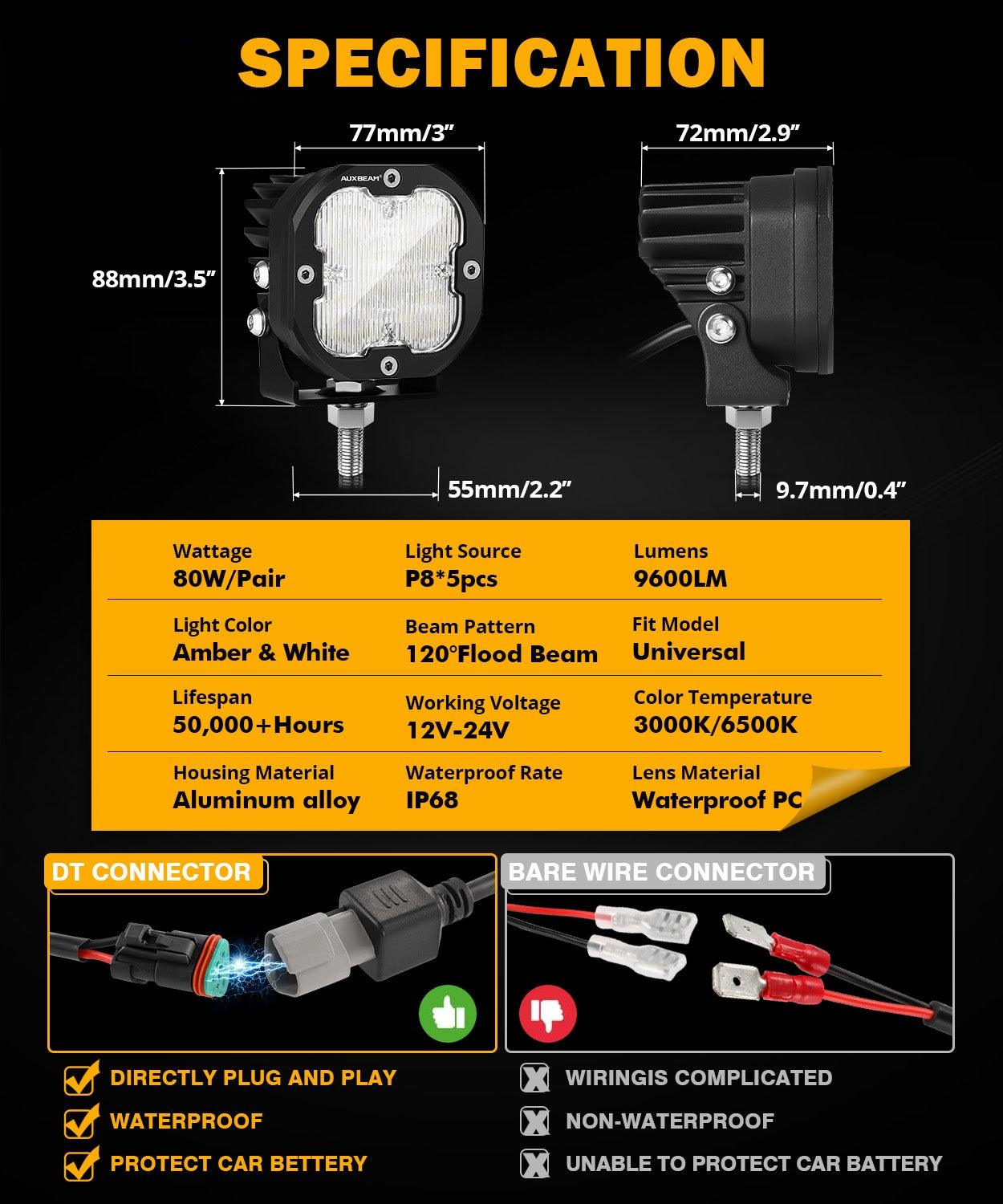 XP-ULTRA Series 3 Inch 80W Flood Beam LED Pods Amber&White Offroad Lights