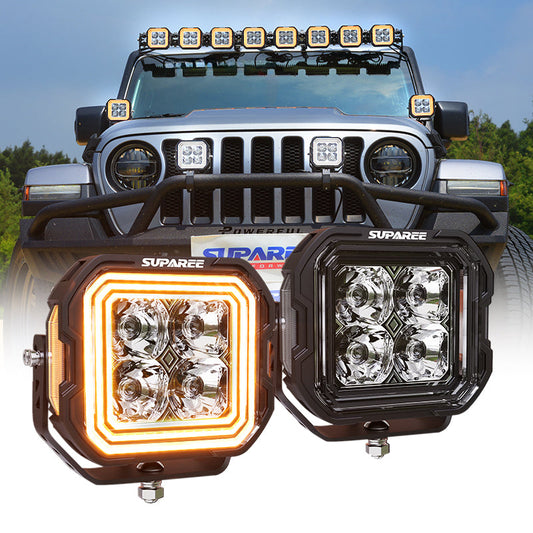 SUPAREE HYPER Series 5-inch LED Pod Lights with Stepped Halo, DRL, IP69K Waterproof installed on Jeep Wrangler JL â€“ Front view of Jeep Wrangler JL with installed LED pods.