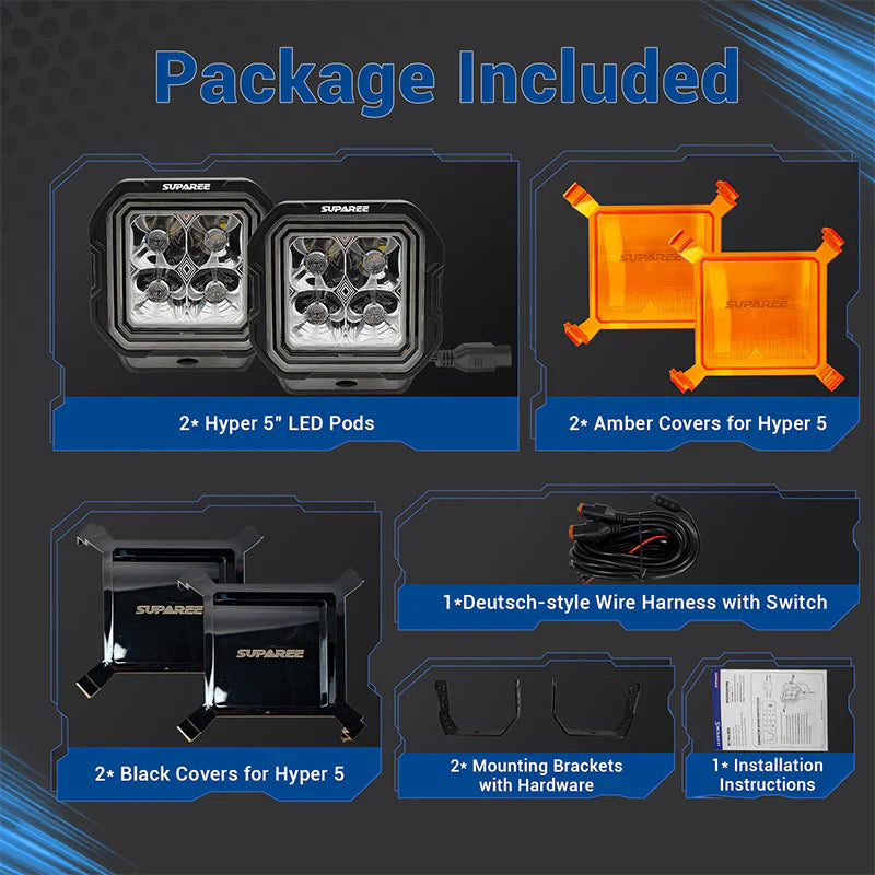SUPAREE HYPER Series 5-inch LED Pod Lights with Stepped Halo, DRL, IP69K Waterproof â€“ Package contents for SUPAREE LED pod lights including covers, brackets, and wiring.
