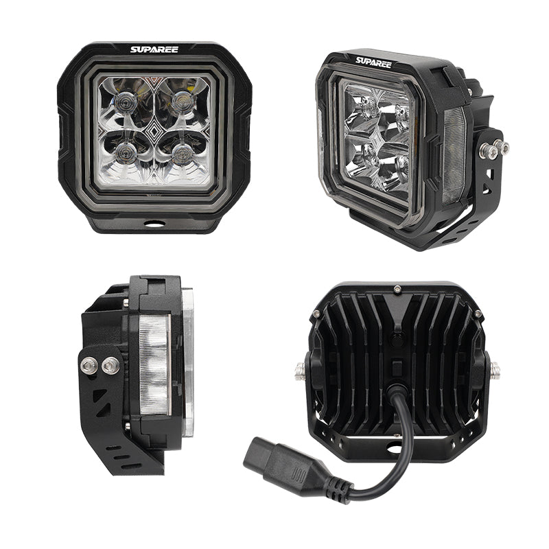 SUPAREE HYPER Series 5-inch LED Pod Lights with Stepped Halo, DRL, IP69K Waterproof â€“ Multiple views of SUPAREE LED pod light including front, side, and rear.